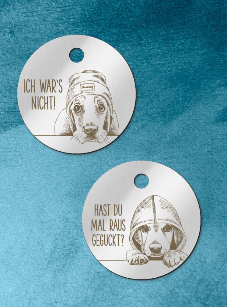 Humabu, der antiklimper Hundemarkenbund, Designmarke, hundemarke klapperfrei, hundemarkentasche wetterfest