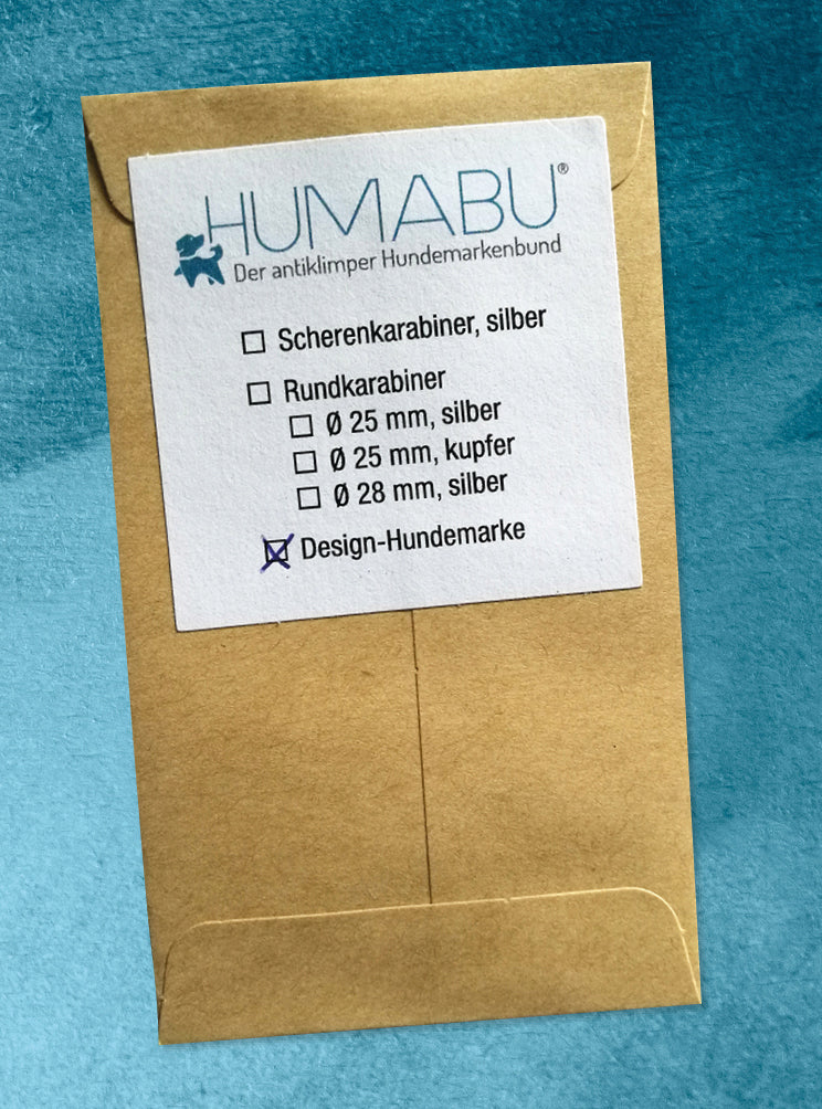 Humabu, der antiklimper Hundemarkenbund, Designmarke, hundemarke klapperfrei, hundemarkentasche wetterfest