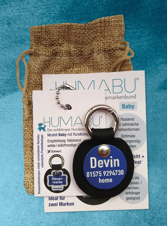 Humabu, der antiklimper Hundemarkenbund, Hundemarke geräuschlos, Hundemarke klapperfrei, Hundemarkentasche