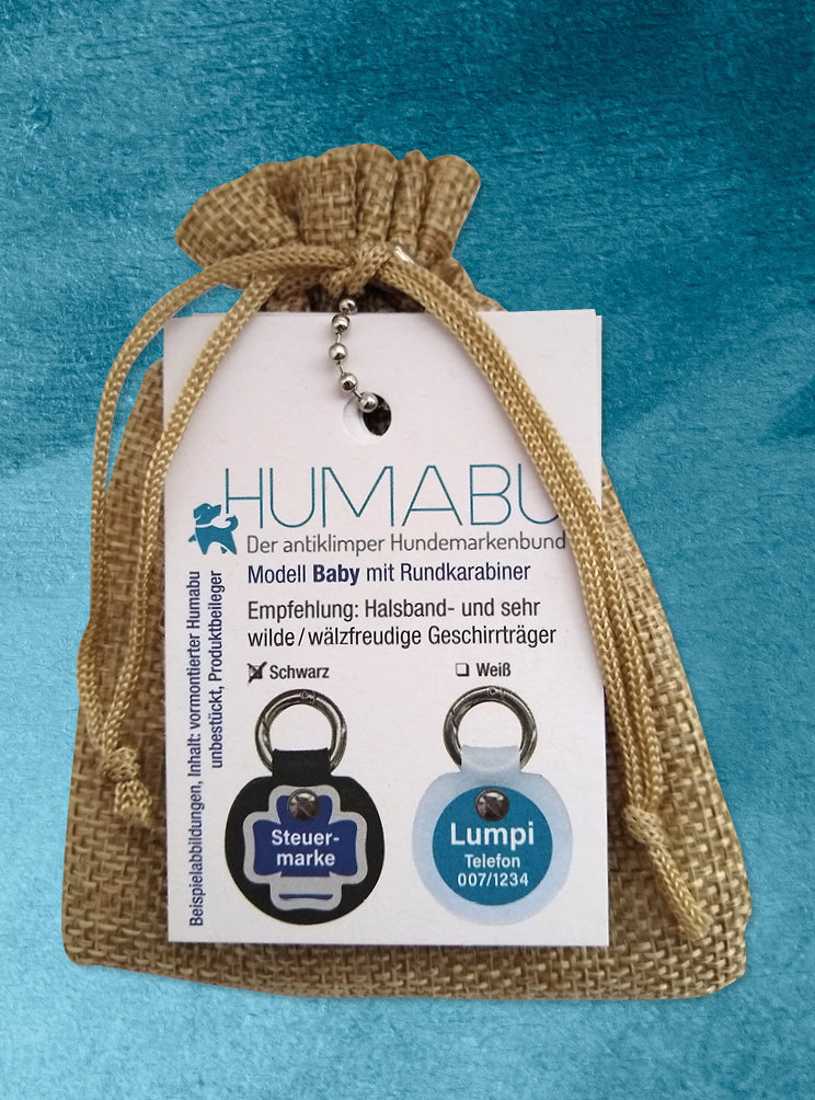 Humabu, der antiklimper Hundemarkenbund, Hundemarke geräuschlos, Hundemarke klapperfrei, Hundemarkentasche