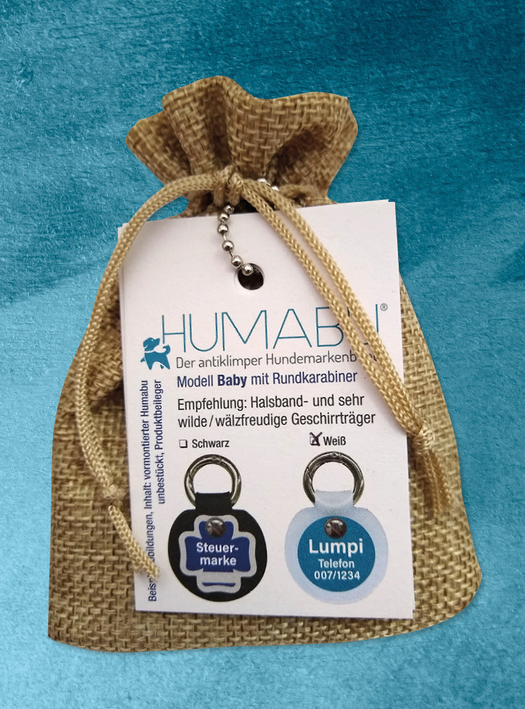 Humabu, der antiklimper Hundemarkenbund, Hundemarke geräuschlos, Hundemarke klapperfrei, Hundemarkentasche