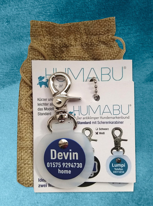Humabu, der antiklimper Hundemarkenbund, Hundemarke klapperfrei, Hundemarke geräuschlos, Hundemarkentasche