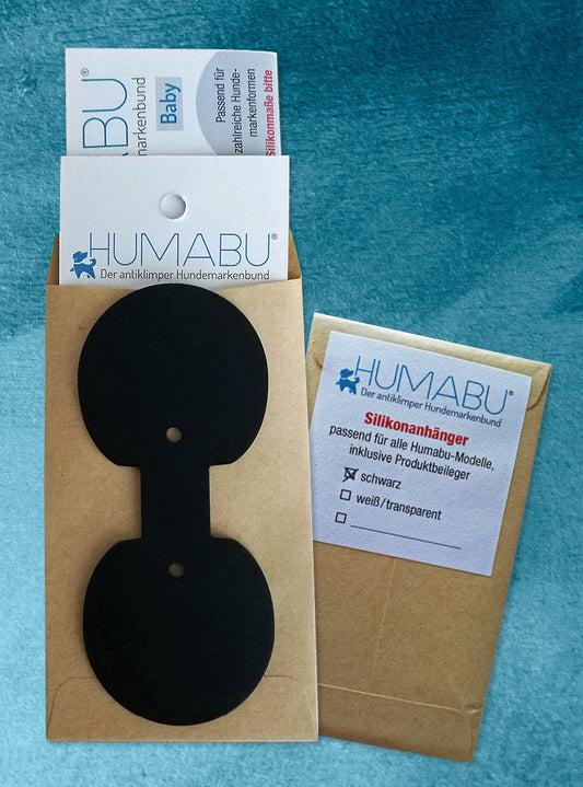 Humabu, der antiklimper Hundemarkenbund, Silikonanhänger schwarz und weiß, Hundemarke geräuschlos, klapperfrei, Hundemarkentasche wetterfest