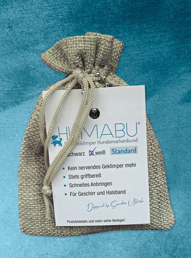Humabu, der antiklimper Hundemarkenbund, Humabu Standard, Hundemarke geräuschlos, klapperfrei, Hundemarkentasche wetterfest