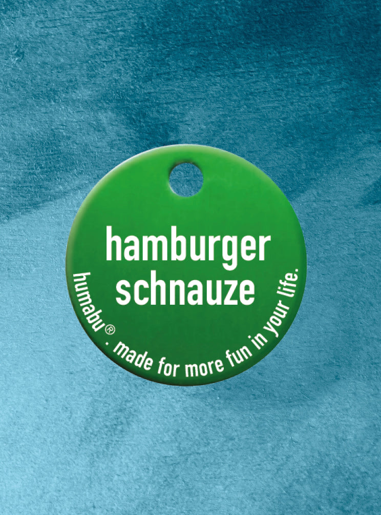 Humabu, der antiklimper Hundemarkenbund, Hundemarke "Hamburger schnauze", Hundemarke klapperfrei, Hundemarkentasche wetterfest