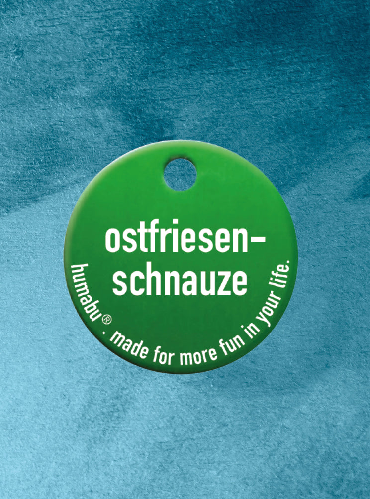 Humabu, der antiklimper Hundemarkenbund, Hundemarke "ostfriesen-schnauze", Hundemarke klapperfrei, Hundemarkentasche wetterfest