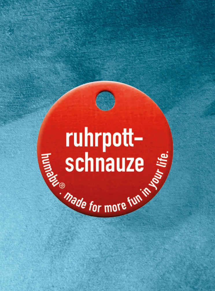 Humabu, der antiklimper Hundemarkenbund, Hundemarke "ruhrpott-schnauze", Hundemarke klapperfrei, Hundemarkentasche wetterfest