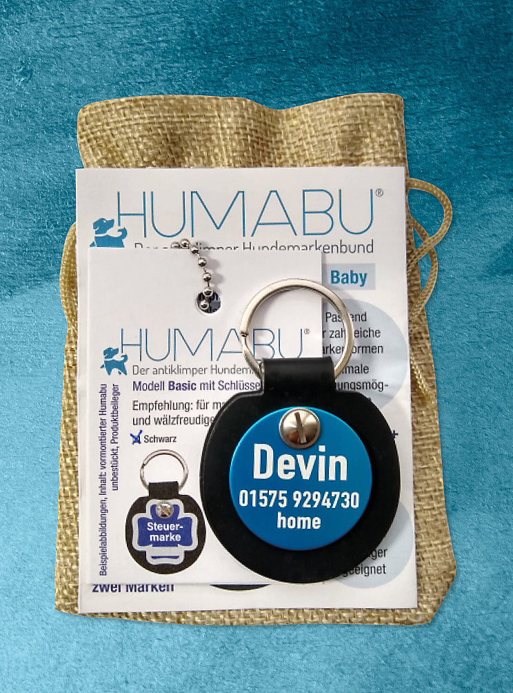 Humabu Set – Hundemarke graviert fertig montiert und als Geschenk für Hundefreunde verpackt