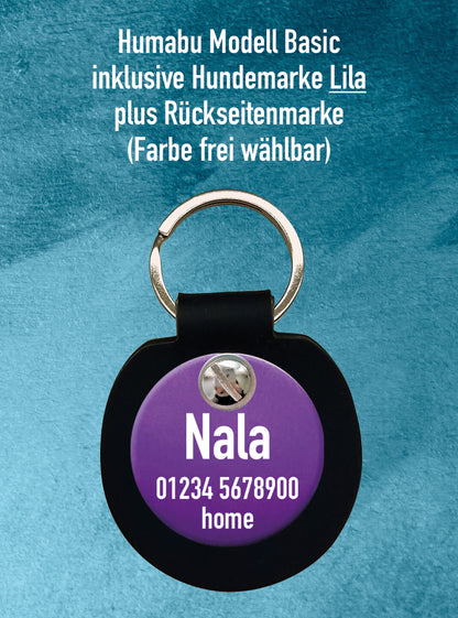 Humabu Set – Hundemarke klapperfrei und mit Gravur, am Humabu basic montiert