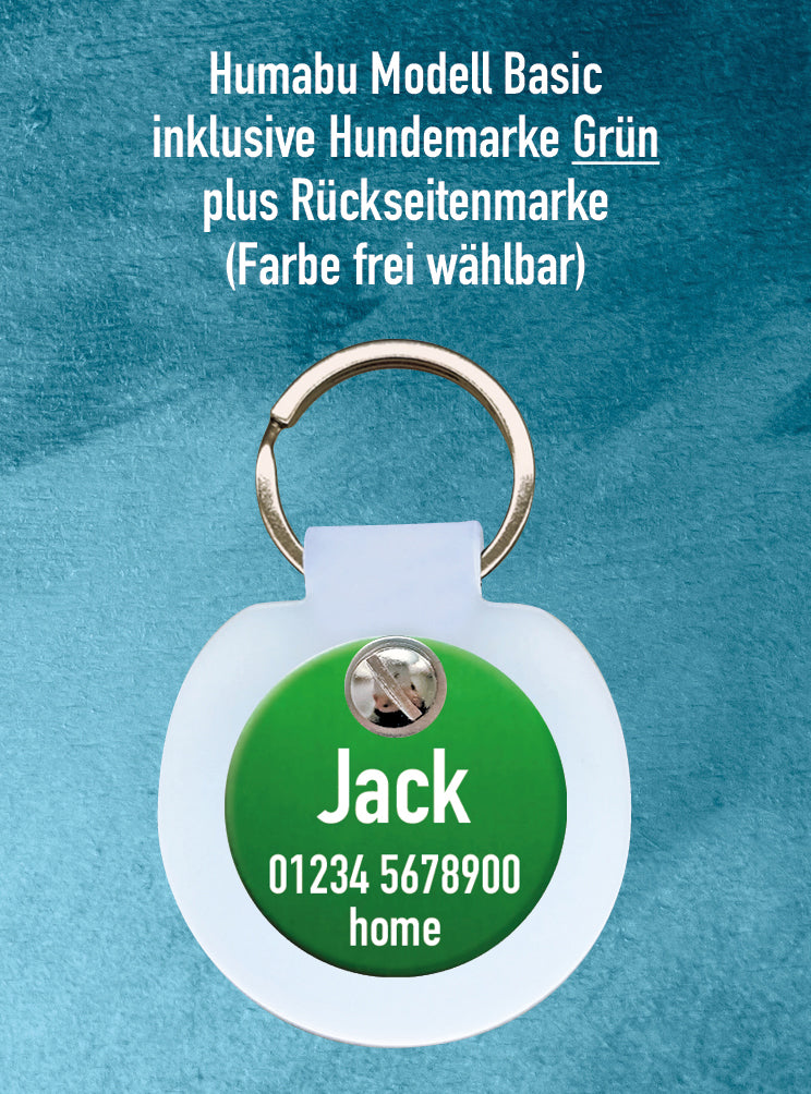 Humabu Set – Hundemarke mit Gravur am Humabu Basic montiert, Hundemarke geräuschlos tragen