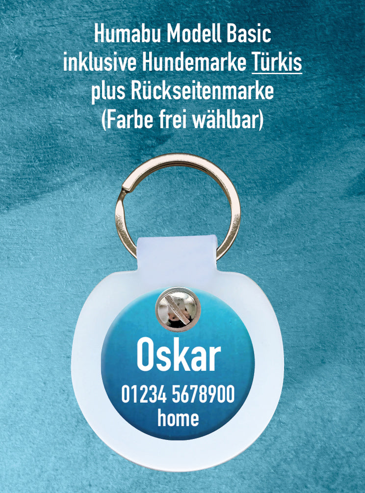 Humabu Set – gravierte Hundemarke fertig am Humabu Basic montiert
