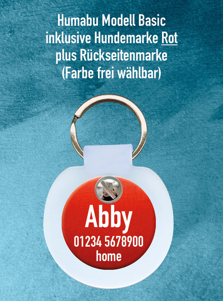 Humabu Set – Hundemarke personalisiert am Humabu Basic montiert, Hundemarke klapperfrei
