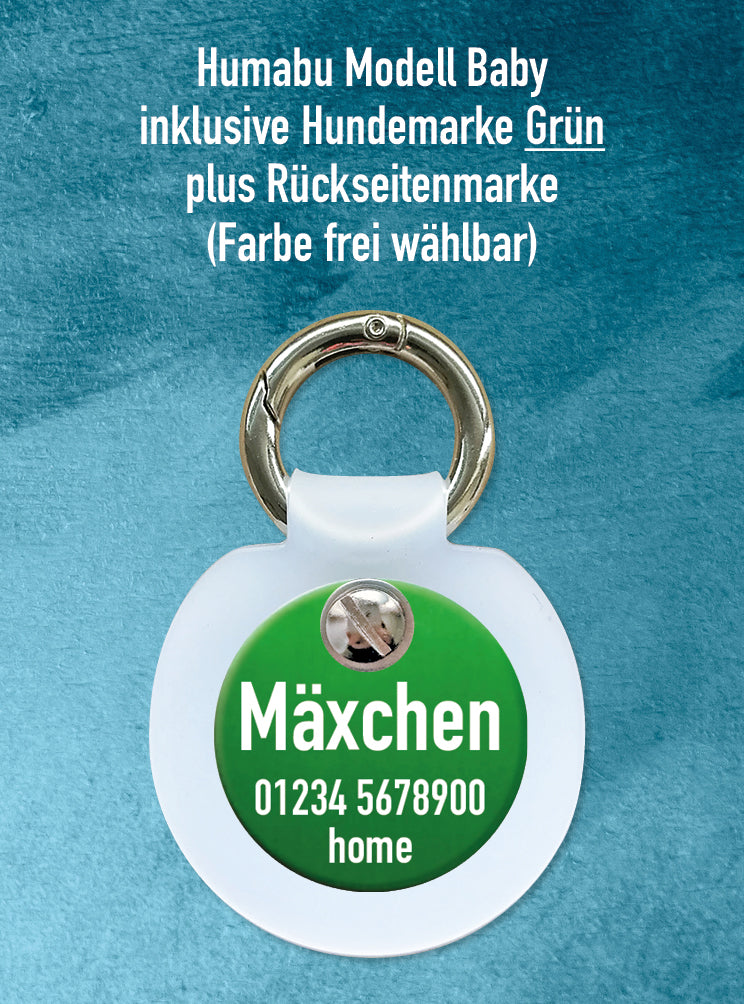 Humabu Set – Hundemarke graviert und vormontiert, für ein Tragen der Hundemarke ohne Klappern