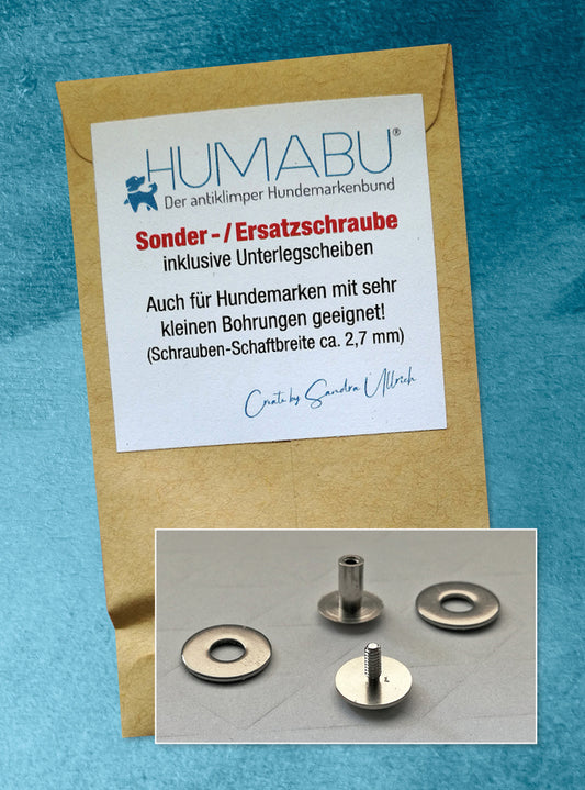 Mit der Humabu Sonderschraube werden die Hundemarken klapperfrei auf dem Silikon fixiert.