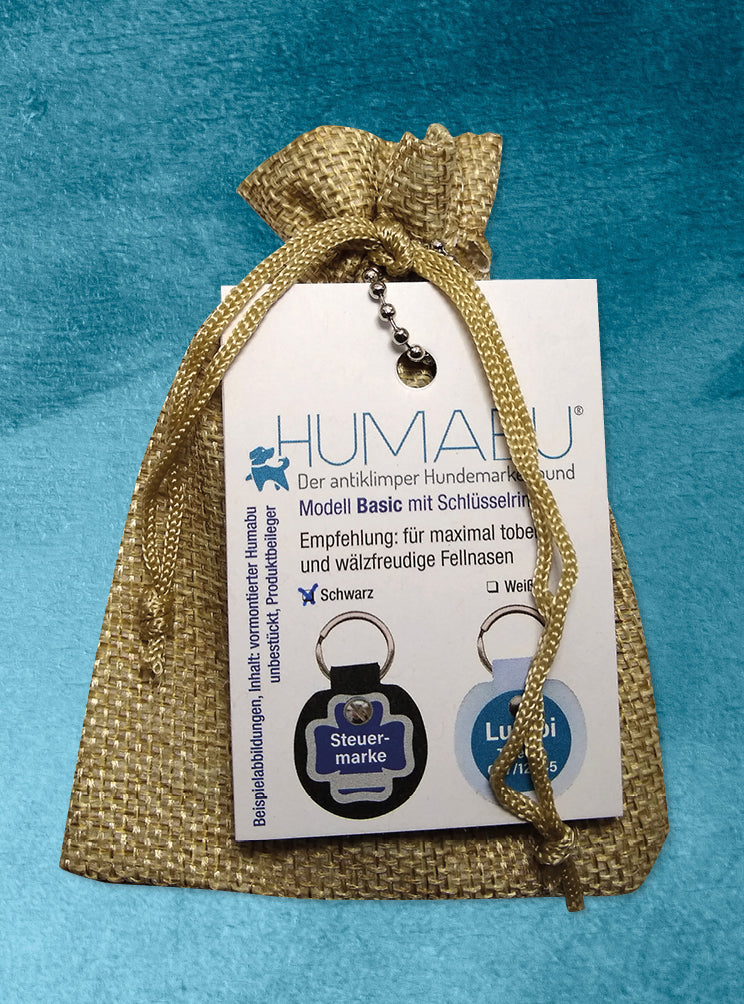 Humabu, der antiklimper Hundemarkenbund, Hundemarke geräuschlos, Hundemarke klapperfrei, Hundemarkentasche