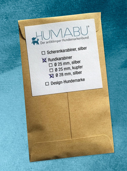 Humabu, der antiklimper Hundemarkenbund, Rundkarabiner, Hundemarke klapperfrei, Hundemarkentasche wetterfest