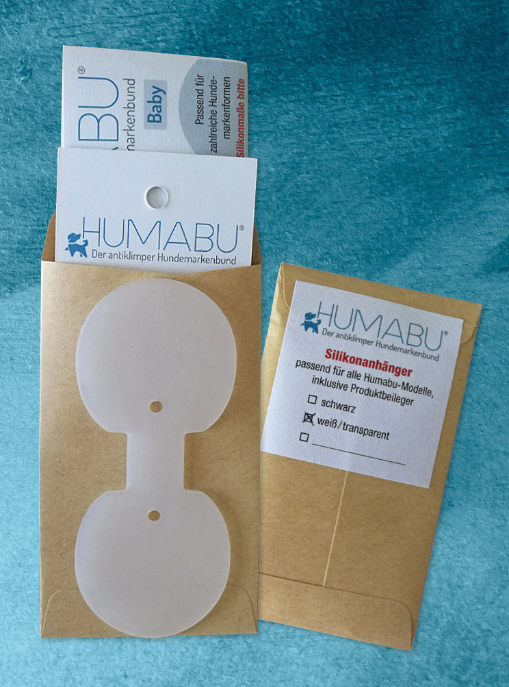 Humabu, der antiklimper Hundemarkenbund, Silikonanhänger schwarz und weiß, Hundemarke geräuschlos, klapperfrei, Hundemarkentasche wetterfest