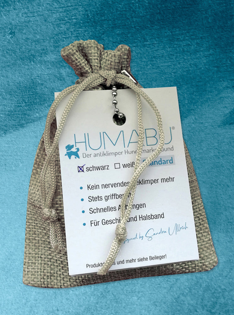 Humabu, der antiklimper Hundemarkenbund, Humabu Standard, Hundemarke Klapperfrei, Hundemarkentasche wetterfest