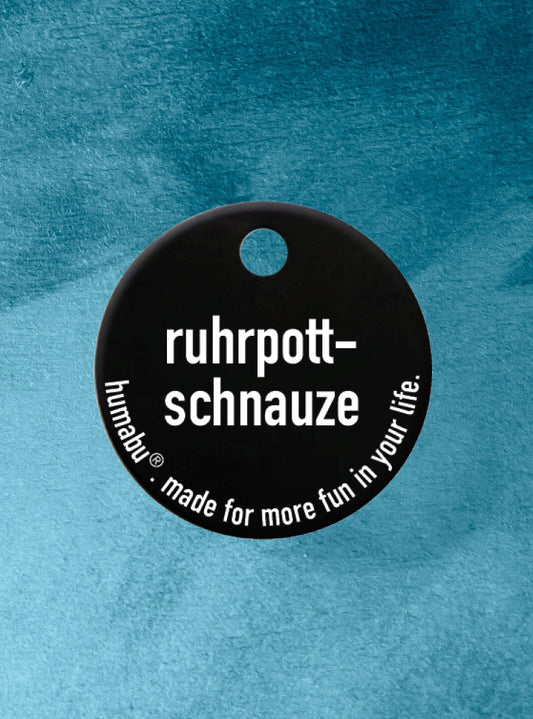 Humabu, der antiklimper Hundemarkenbund, Hundemarke "ruhrpott-schnauze", Hundemarke klapperfrei, Hundemarkentasche wetterfest