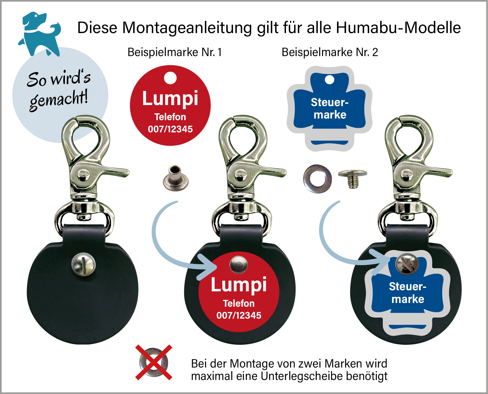Hundemarkentasche wetterfest, Hundemarkentasche für Geschirr, Hundemarke geräuschlos, Hundemarke klapperfrei, Hundemarke klappert, klimpert, klingelt, Humabu, Hundemarke Gravur, Hundemarke gravieren